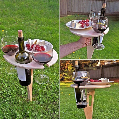 Portable Wine Table With Folding Round Table, Mini Wooden Picnic Table, Easy To Carry, Removable Beer Table - Antique Decore