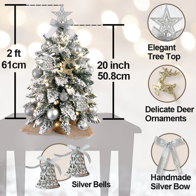 2ft Mini Christmas Tree With Light Artificial Small Tabletop Christmas Decoration With Flocked Snow, Exquisite Decor & Xmas Ornaments