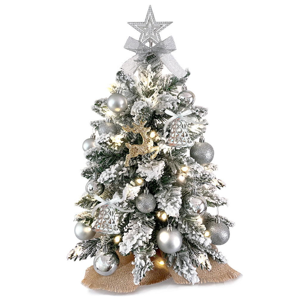 2ft Mini Christmas Tree With Light Artificial Small Tabletop Christmas Decoration With Flocked Snow, Exquisite Decor & Xmas Ornaments