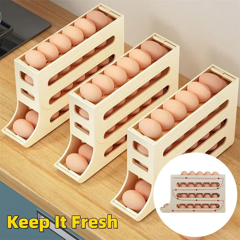 Refrigerator 4-Layer Automatic Egg Roller Sliding Egg Tray Refrigerator Side Door Large Capacity Holder Egg Storage Box Kitchen Gadgets - Antique Decore