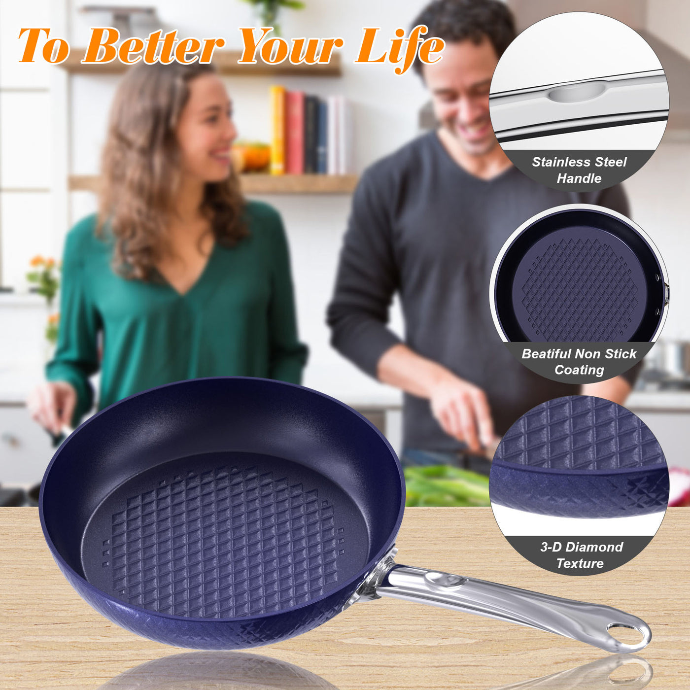 Frying Pan Sets Non Stick 3Pieces Blue 3D Diamond Cookware