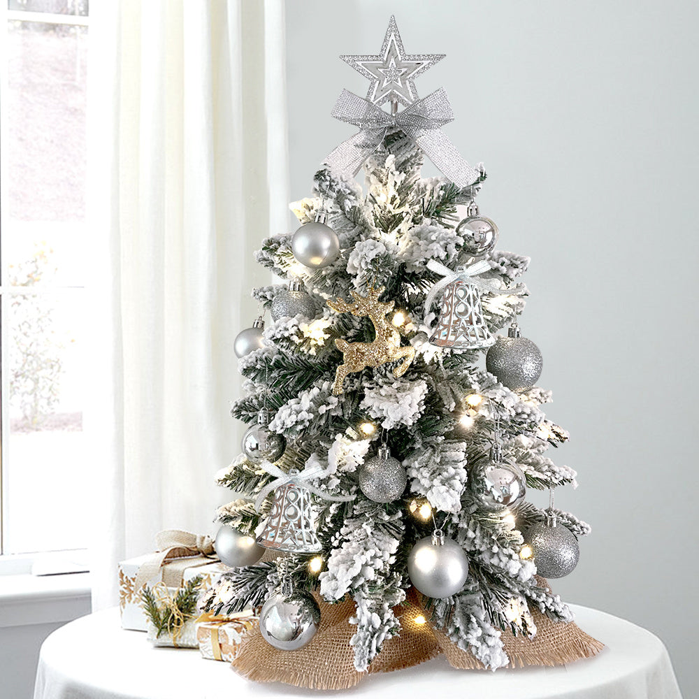 2ft Mini Christmas Tree With Light Artificial Small Tabletop Christmas Decoration With Flocked Snow, Exquisite Decor & Xmas Ornaments