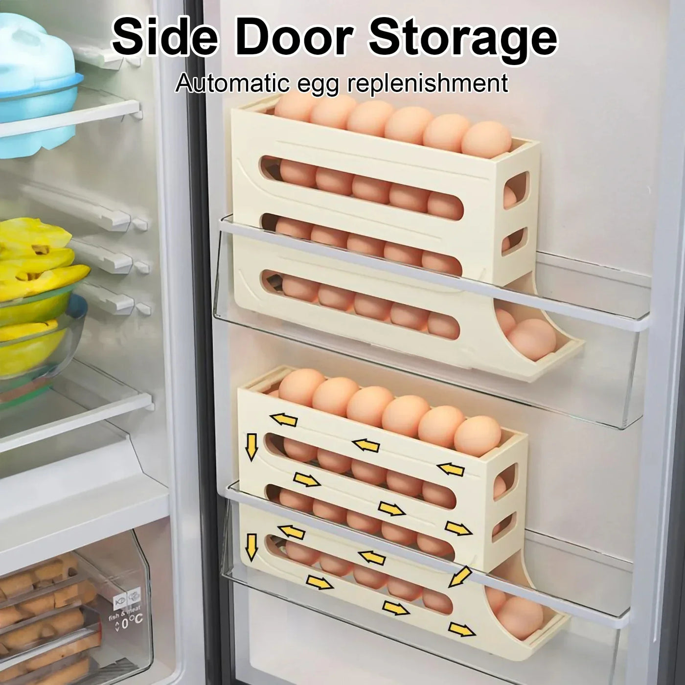 Refrigerator 4-Layer Automatic Egg Roller Sliding Egg Tray Refrigerator Side Door Large Capacity Holder Egg Storage Box Kitchen Gadgets - Antique Decore